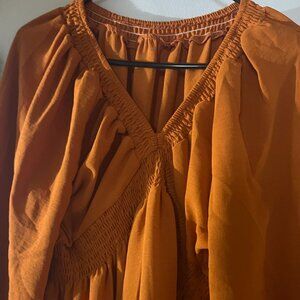 Burnt Orange Smocked Waist Boho Mini Dress – Medium (No Brand Tag)